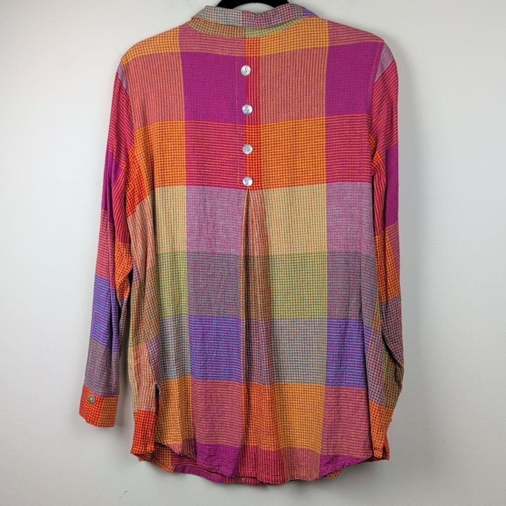 Soft Surroundings Patchwork Plaid Linen Blend Galina Tunic Button Front Top - Picture 7 of 11